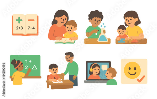 Homework Help Icons. Flat vector mini-illustrations helping with homework in colors children's illustrations: