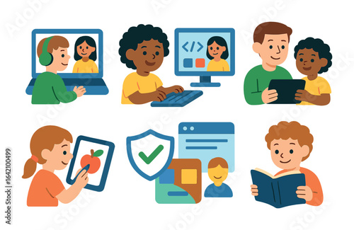 Digital Learning Icons. Flat vector mini-illustrations digital mentoring for kids in colors children's
