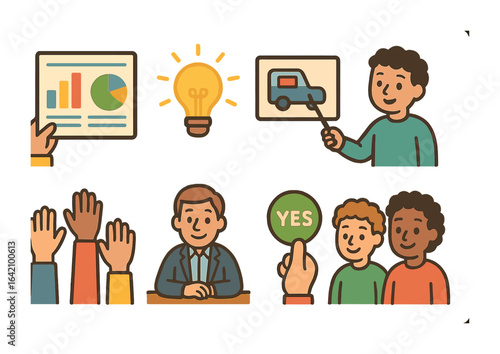 Investor Pitch Icons. Flat vector mini-illustrations of pitching to investors in colors children's