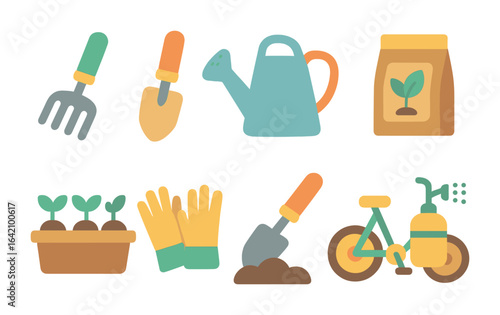 Eco Farm Tool Icons. Flat vector mini-illustrations of eco farm tools in colors children's illustrations: hand