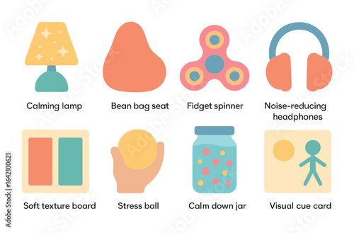Sensory-Friendly Classroom Icons. Flat vector mini-illustrations of sensory-friendly classroom items in colors