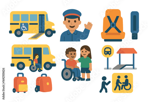 Inclusive School Transport Icons. Flat vector mini-illustrations of inclusive school transportation in colors