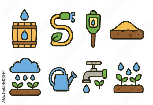 Water Conservation Icons. Flat vector mini-illustrations of water conservation in colors children's