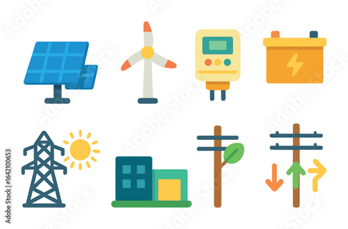 Renewable Energy Icons. Flat vector mini-illustrations of renewable energy grids in colors children's