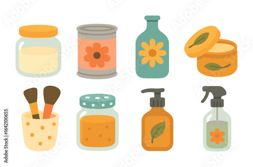 Upcycled Beauty Containers. Flat vector mini-illustrations of upcycled beauty containers in colors children's