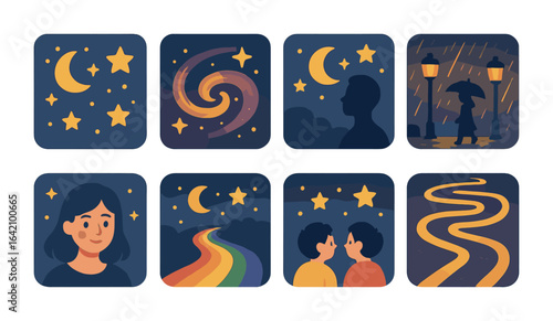 Nighttime Photography Magic. Flat vector mini-illustrations of creative nighttime photography themes in colors