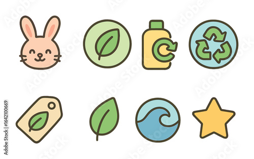 Eco-Friendly Cosmetic Icons. Flat vector mini-illustrations of sustainable cosmetic labels in colors