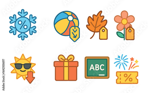 Seasonal Sale Icons. Flat vector mini-illustrations of seasonal sales in colors children's illustrations: