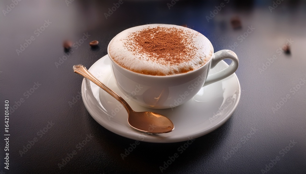 Obraz premium creamy cappuccino in elegant white cup with saucer and spoon sits on sleek surface topped with rich foam and cocoa good for coffee breakfast or cozy lifestyle projects with warm inviting appeal
