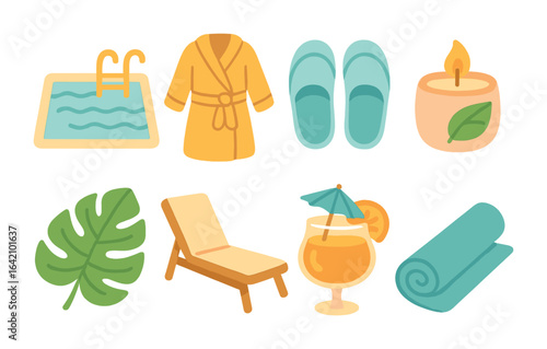Children's Wellness Icons. Flat vector mini-illustrations luxury wellness resorts in colors children's