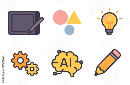 Creative Tools Icons. Flat vector mini-illustrations AI-driven digital art in colors children's illustrations: