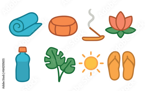 Yoga Adventure Icons. Flat vector mini-illustrations yoga and meditation trips in colors children's