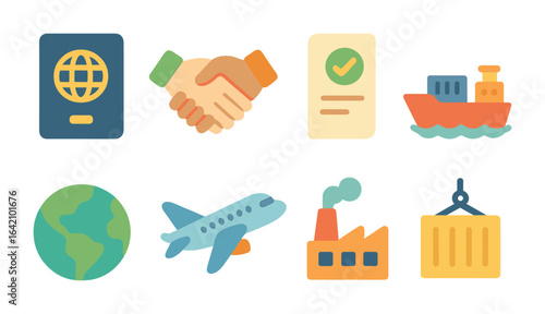 Global Trade Icons. Flat vector mini-illustrations cross-border agreements in colors children's illustrations: