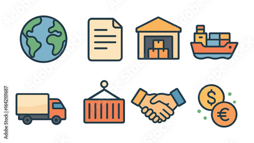 Free Trade Icons. Flat vector mini-illustrations free trade zones in colors children's illustrations: globe,