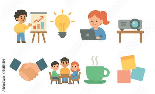 Entrepreneurs' Mini Icons. Flat vector mini-illustrations entrepreneurs pitching ideas in colors children's