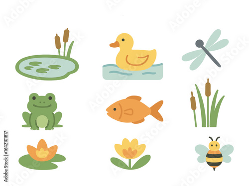 Urban Pond Life. Flat vector mini-illustrations urban ponds for wildlife in colors children's illustrations: