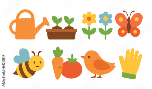 Community Gardening Icons. Flat vector mini-illustrations community gardening in colors children's