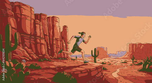 Determined female athlete trail running in a vibrant desert canyon landscape during a scenic sunrise. Vector illustration.