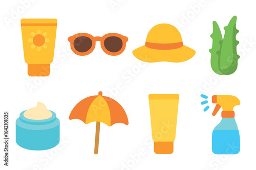 Summer Skincare Essentials. Flat vector mini-illustrations summer skincare essentials in colors children's