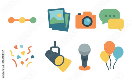 Event Celebration Icons. Flat vector mini-illustrations visual storytelling of an event in colors children's