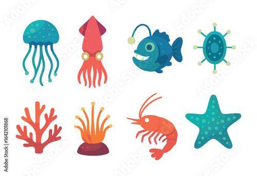 Glowing Marine Creatures. Flat vector mini-illustrations glowing marine creatures in colors children's