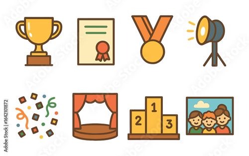 Children's Awards Icons. Flat vector mini-illustrations awards ceremony recap in colors children's