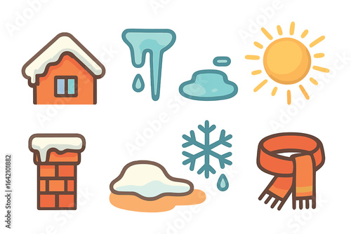 Melting Winter Icons. Flat vector mini-illustrations snow melting on rooftops in colors children's