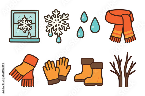 Melting Snowflake Icons. Flat vector mini-illustrations snowflakes melting on glass in colors children's