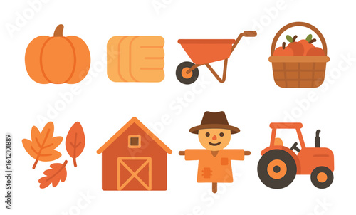 Pumpkin Patch Icons. Flat vector mini-illustrations going to a pumpkin patch in colors children's