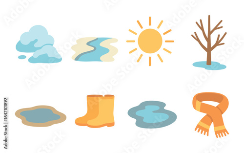 Spring Thaw Icons. Flat vector mini-illustrations early spring thaw in colors children's illustrations: