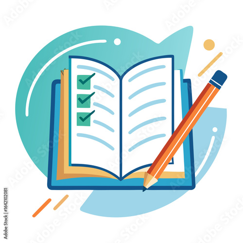 Open Book with Checklist and Pencil Vector Illustration