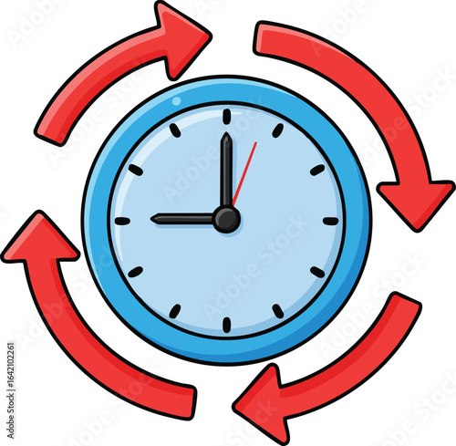 Clock with red circular arrows illustrating time management and continuous process concept in vector style 