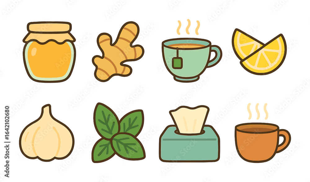Fototapeta premium Natural Cough Remedies. Flat vector mini-illustrations natural cough remedies in colors children's