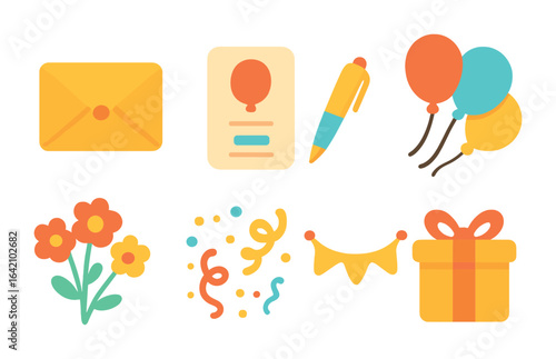 Colorful Party Icons. Flat vector mini-illustrations party invitations and cards in colors children's