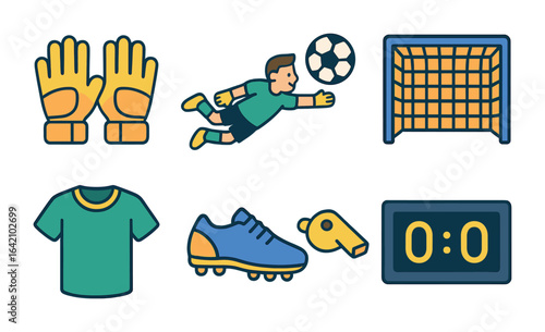 Goalkeeper Hero Icons. Flat vector mini-illustrations goalkeeper hero moments in colors children's