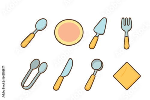Dessert Tools Grid. Flat vector mini-illustrations dessert serving tools in colors children's illustrations: