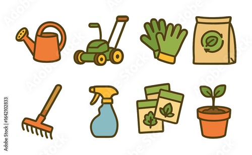 Eco Lawn Care Icons. Flat vector mini-illustrations eco-friendly lawn care in colors children's illustrations: