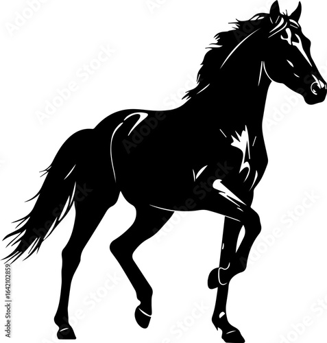  Horse trotting gracefully silhouette vector, black horse with raised front leg isolated on white background
