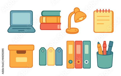 Colorful Office Icons. Flat vector mini-illustrations organizing home office in colors children's