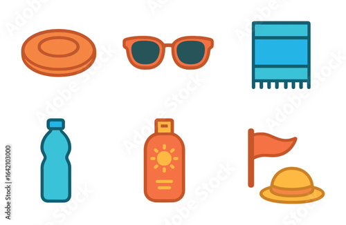 Beach Day Essentials. Flat vector mini-illustrations frisbee on the beach in colors children's illustrations: