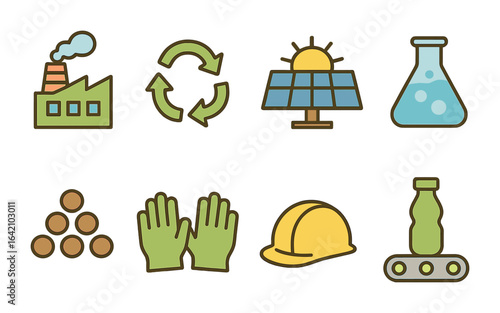 Sustainable Processing Icons. Flat vector mini-illustrations sustainable plastic processing in colors children