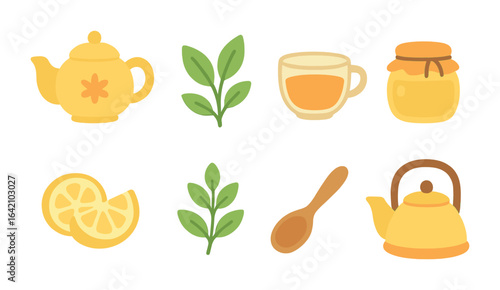 Herbal Tea Icons. Flat vector mini-illustrations herbal teas and infusions in colors children's illustrations: