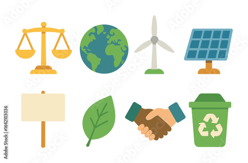 Climate Justice Icons. Flat vector mini-illustrations climate justice in colors children's illustrations: