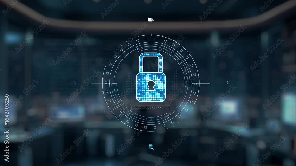 A robotic arm points towards a digital lock icon, symbolizing the convergence of robotics and cybersecurity, highlighting themes of data protection and technological advancement. Auvana