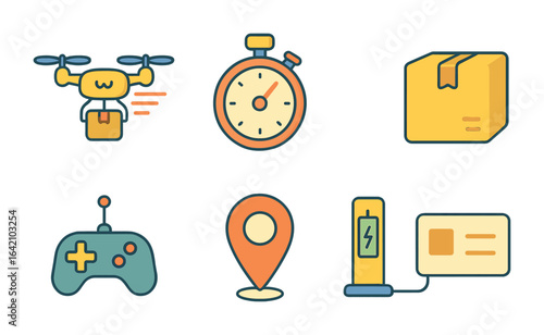 Courier Drone Icons. Flat vector mini-illustrations express courier drones in colors children's illustrations: