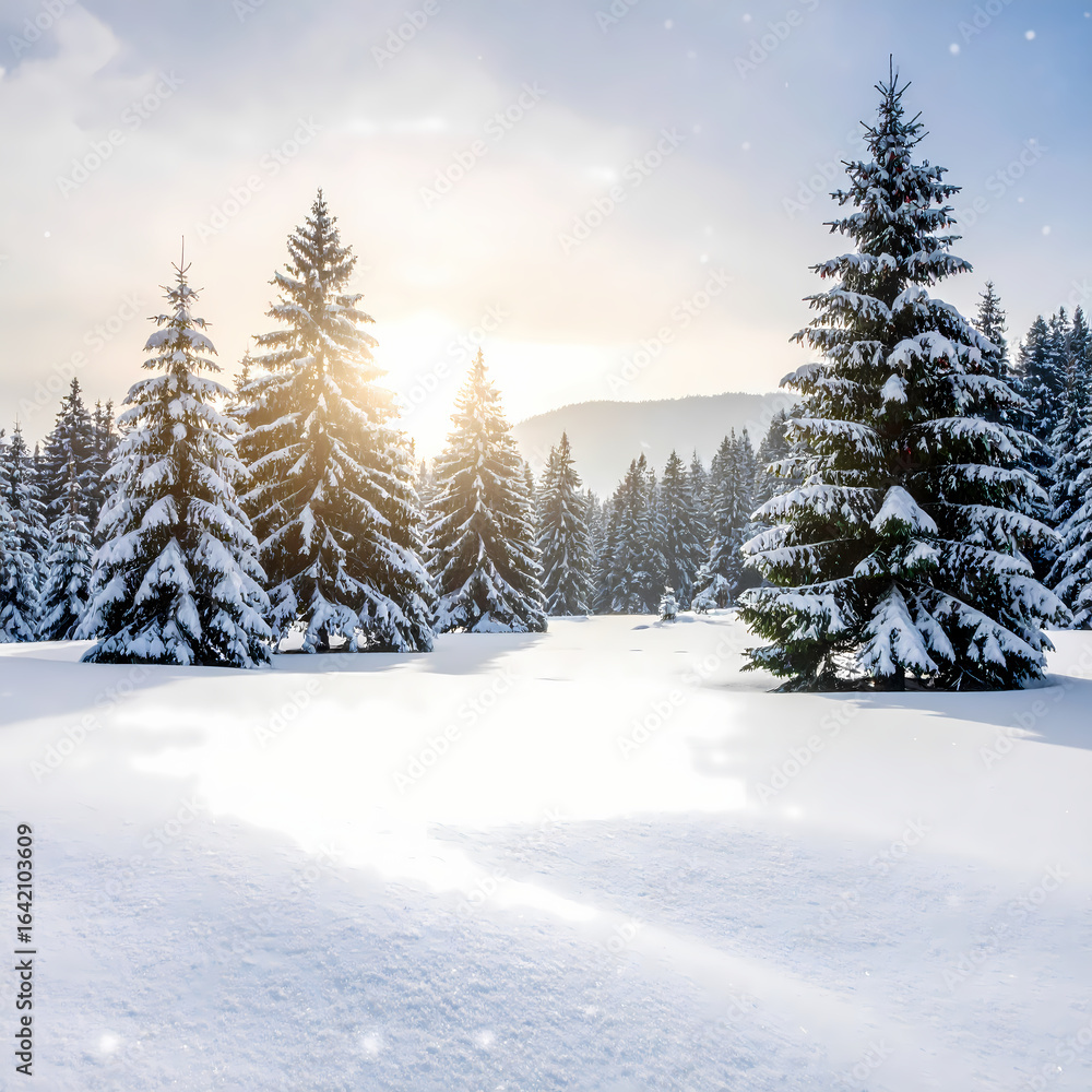 Naklejka premium Winter forest scene snow covered trees