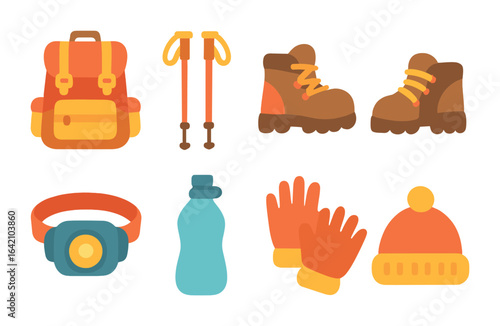 Kid's Hiking Gear. Flat vector mini-illustrations hiking and trekking gear in colors children's illustrations: