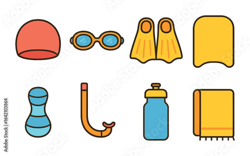 Children's Swim Gear. Flat vector mini-illustrations swimming gear in colors children's illustrations: swim