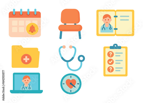 Kids' Health Icons. Flat vector mini-illustrations Medical appointments routine in colors children's