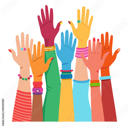 Colorful Female Hands Raised in Solidarity Vector Illustration